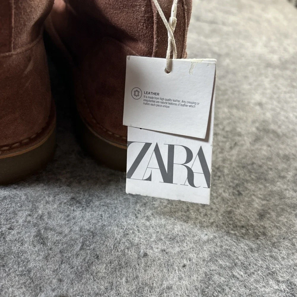 New Zara Girls Sherpa Lined Split Leather Ankle Booties 37/5 Rose‎ Pink